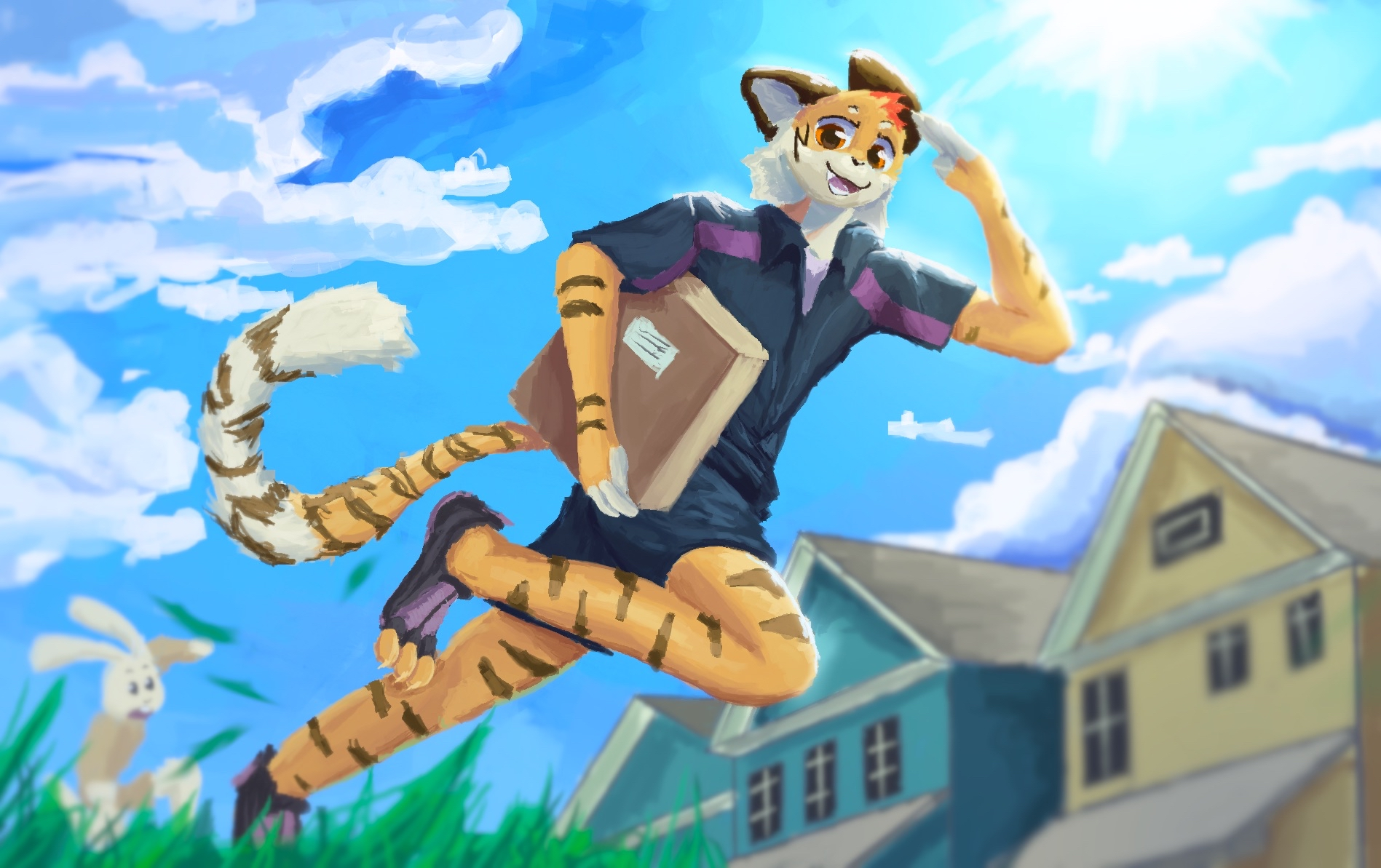 Duck-themed furry artist mascot drawing character art in a cozy studio